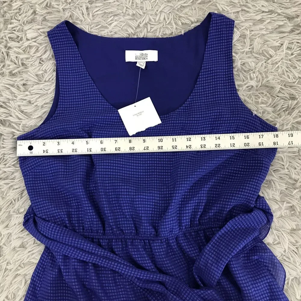 NWT Belle Badgley Mischka‎ Sleeveless Blue Ruffle Hem Tie Waist Dress Size 8